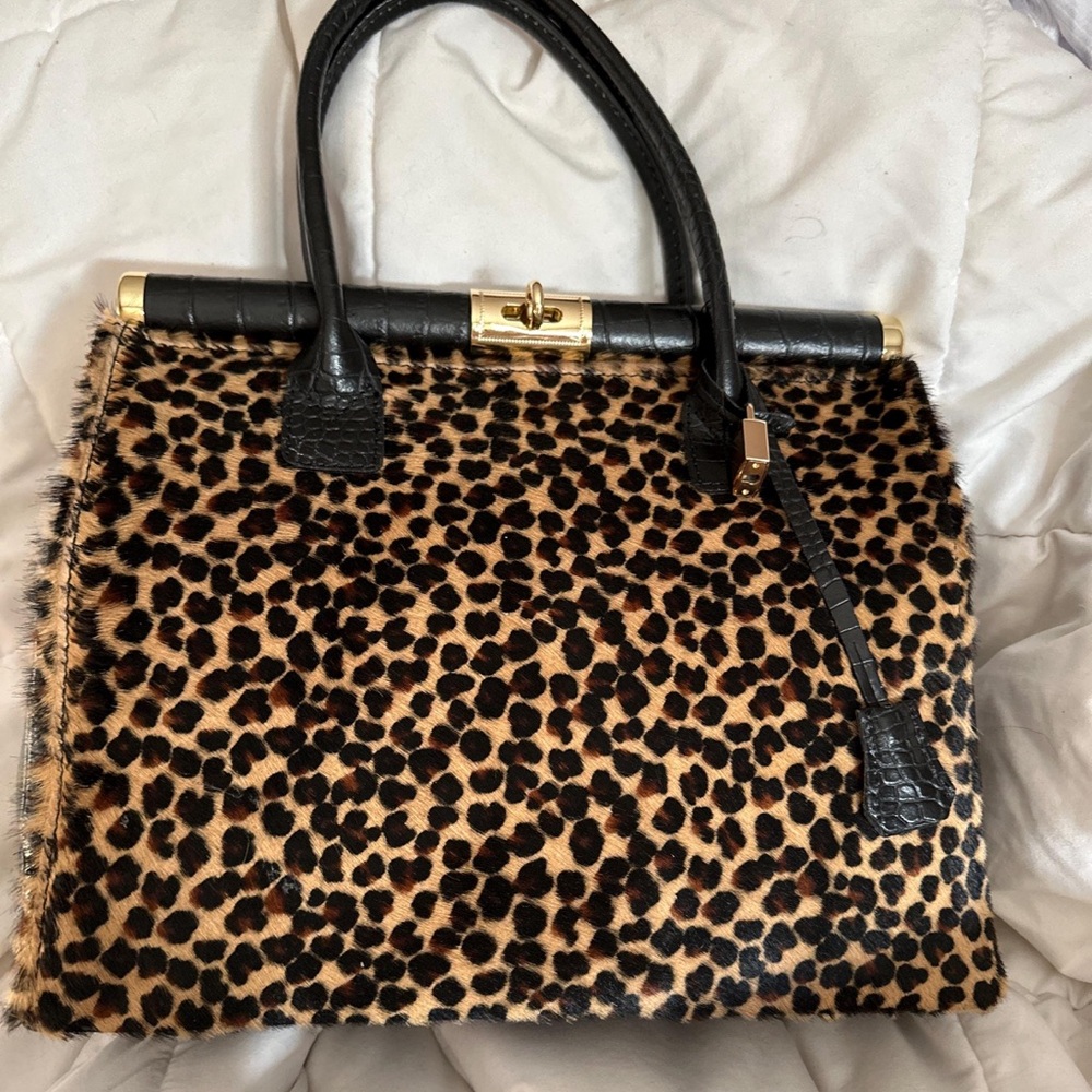 Leopard Print Satchel with Black Accents